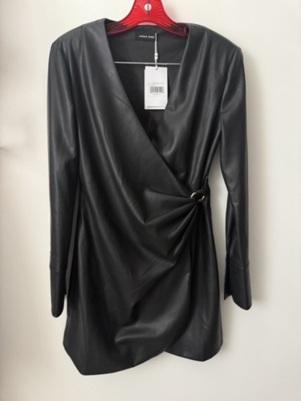 Anine Bing | NWT Joey Draped Satin Black Faux Leather Wrap Minidress S